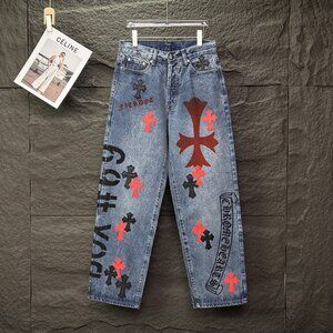 Chrome Hearts Graffiti Lettering Black And Red Cross Loose Fit Jeans
